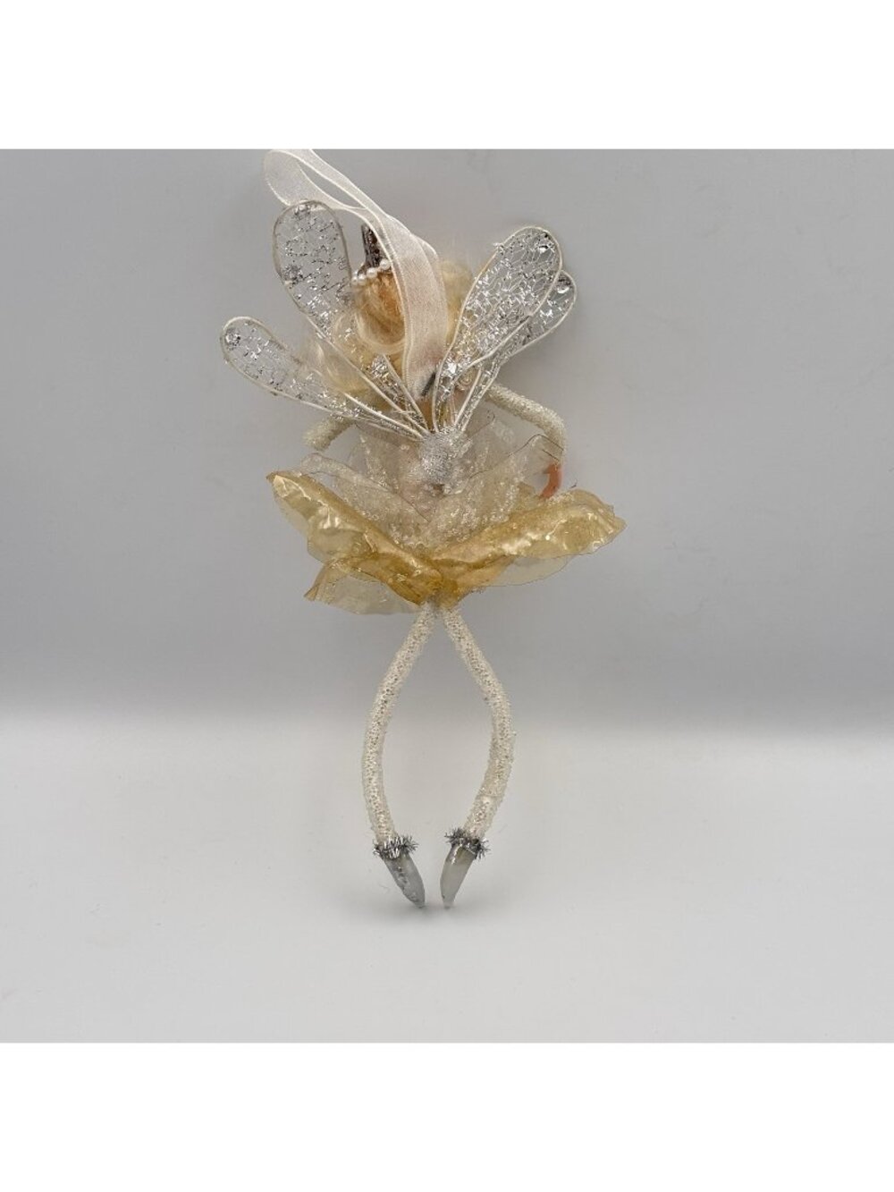 White Gold Silver Fairy Christmas Ornament Beaded Hat Sequins Wings Bendable 8"